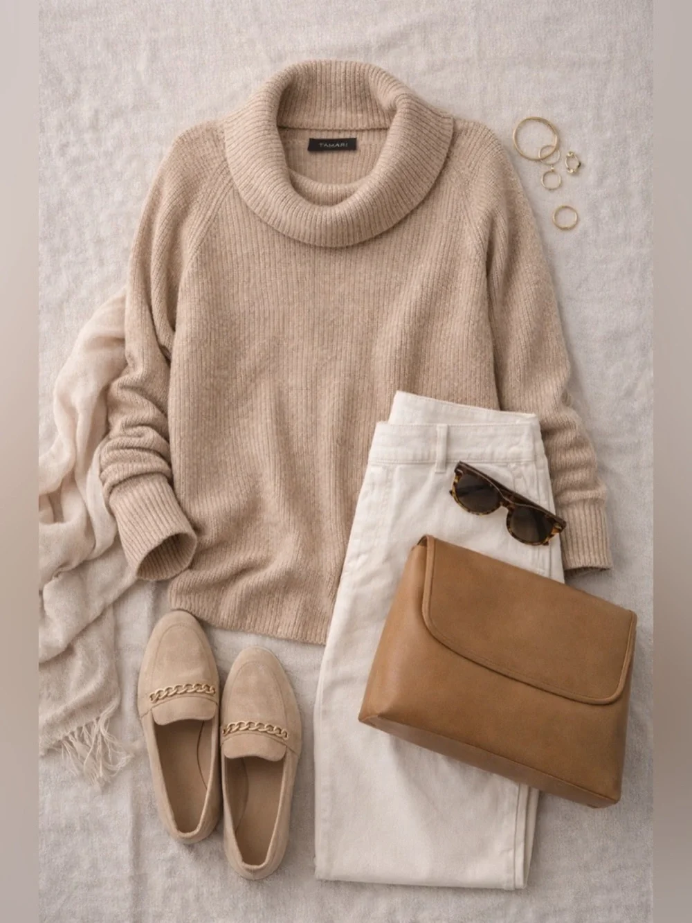 TAHARI Merino Wool Blend Cowl Neck Sweater Sz L Beige Tan Ribbed Cozy Luxe Knit - Picture 5 of 15